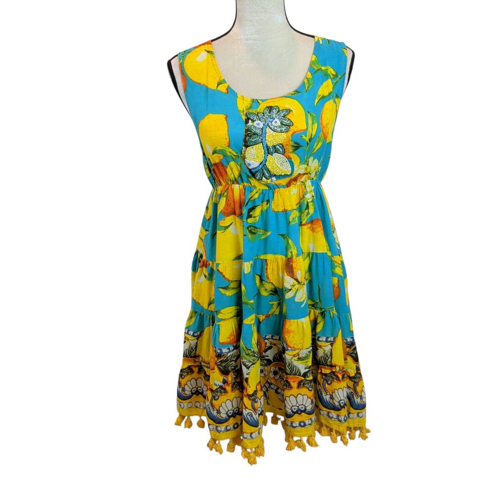 Antica Sartoria Women's Lemon Print Beaded Mini Dress Tassels Blue Yellow Boho